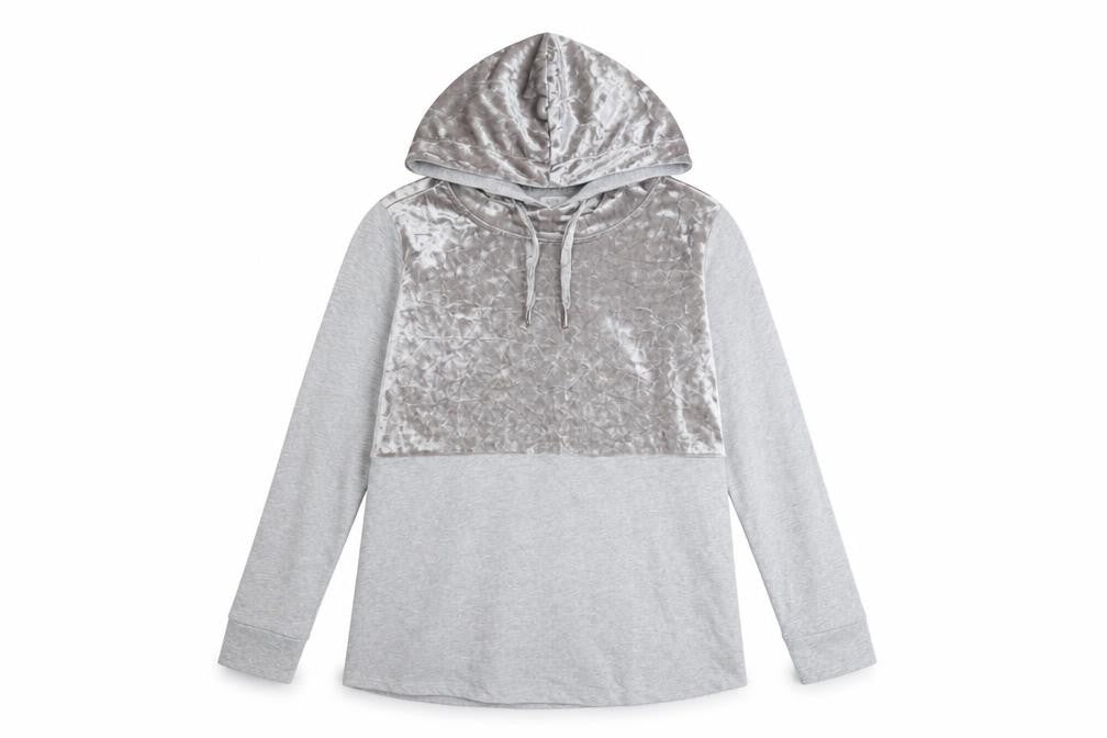 Only Womens Grey Velour Panel Hooded Pullover Sweatshirt M