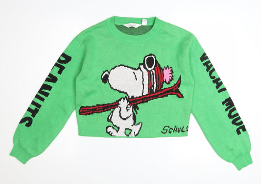 H&M Girls Green Peanuts Snoopy Pullover Jumper 12-14 Years Acrylic Knit