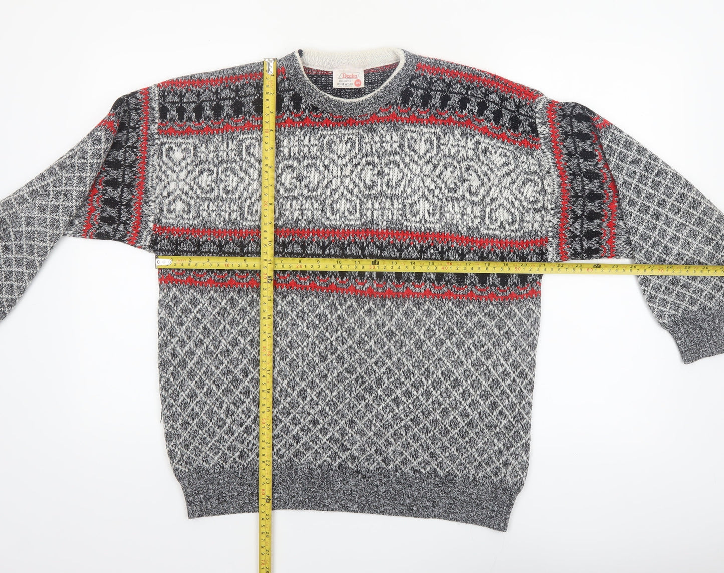 Deeko Men's Grey Fair Isle Acrylic Pullover Jumper M Vintage Knitwear