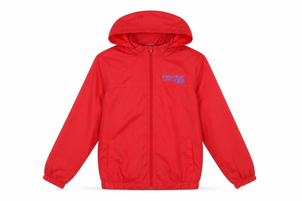 Front view of Firetrap boys’ red hooded full zip windbreaker jacket 10-11 years