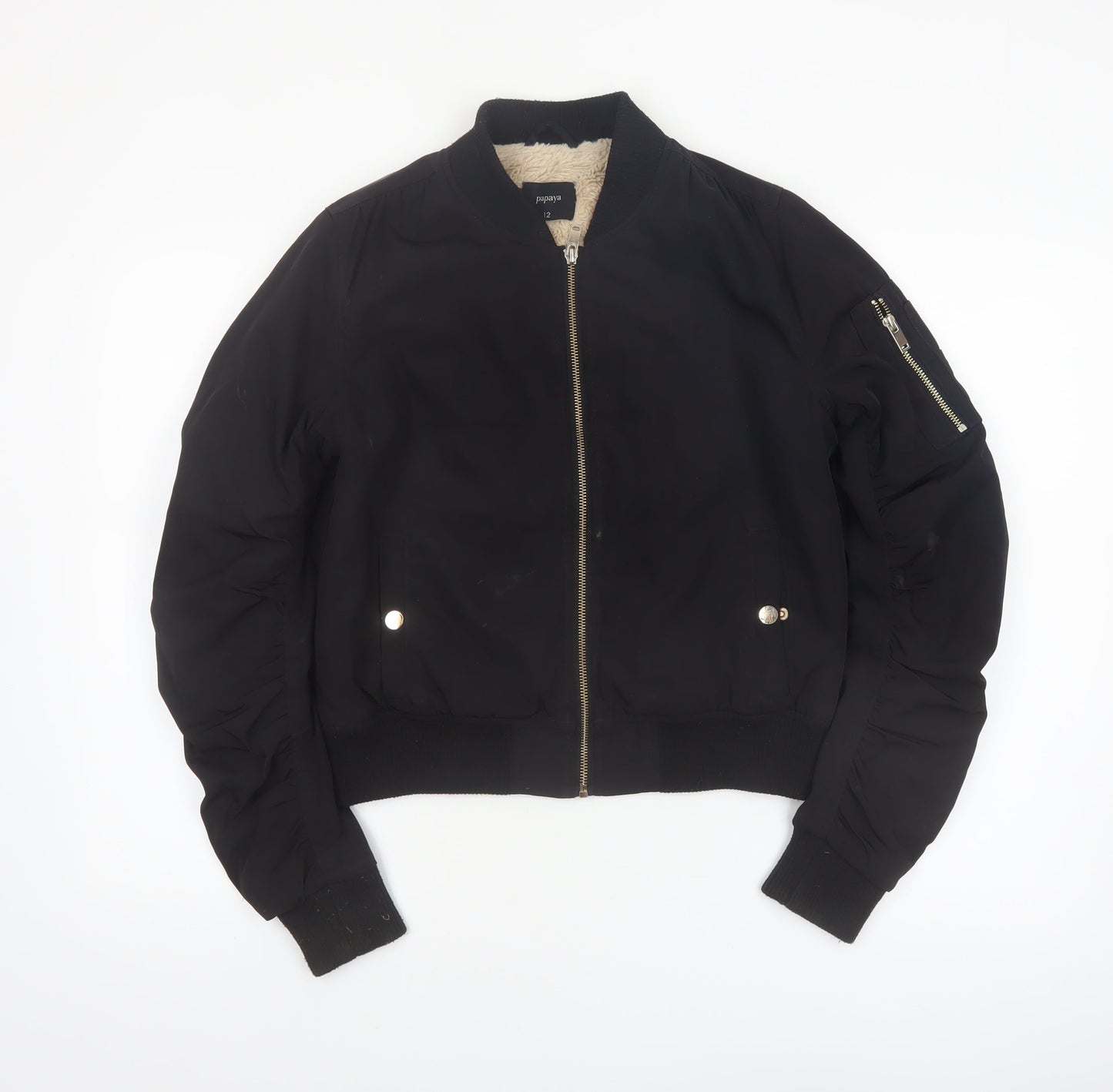 Papaya Womens Black Bomber Jacket Size 12 Faux Fur Lined