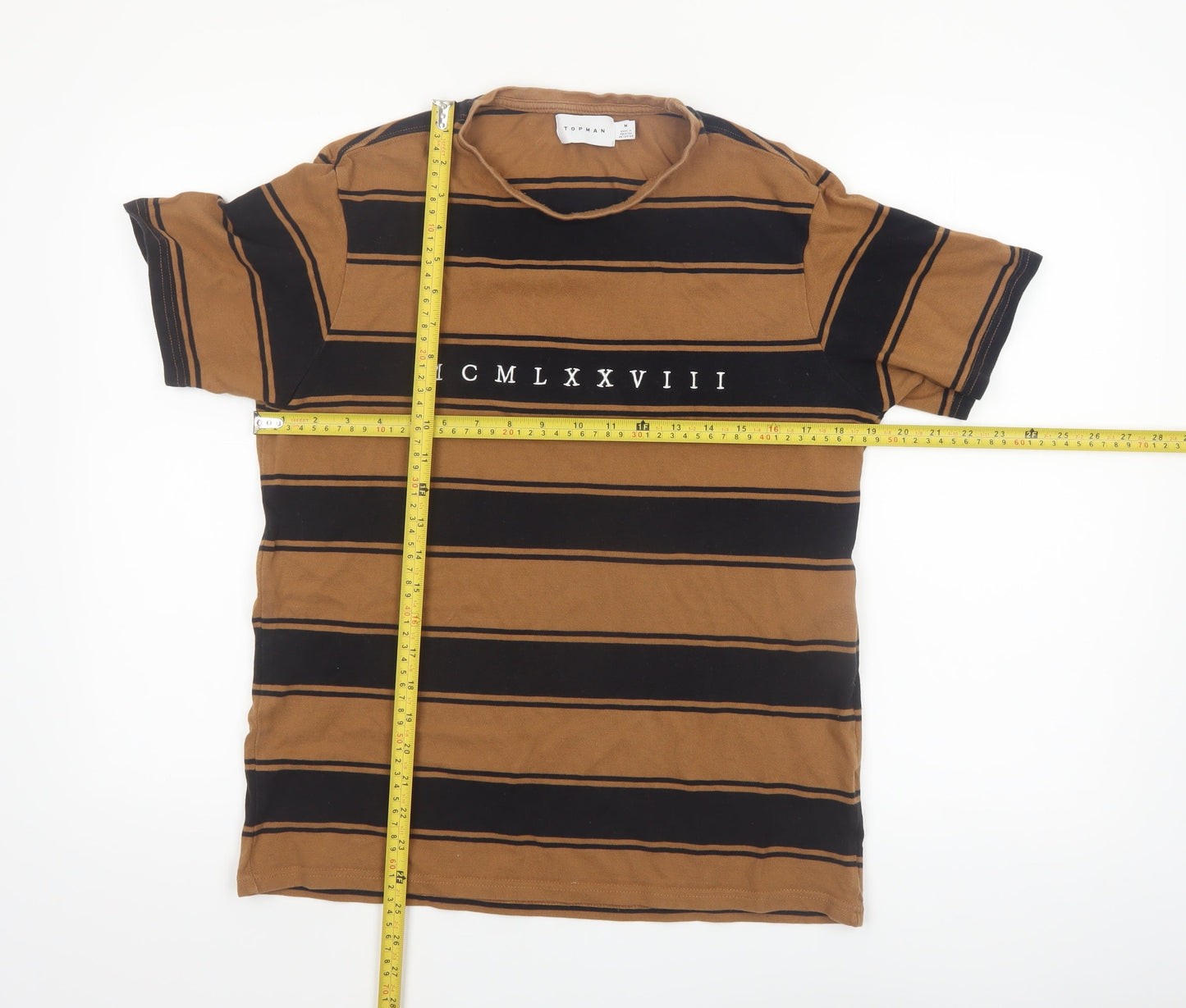 Topman Men's Brown Striped Retro Crew Neck Cotton T-Shirt M