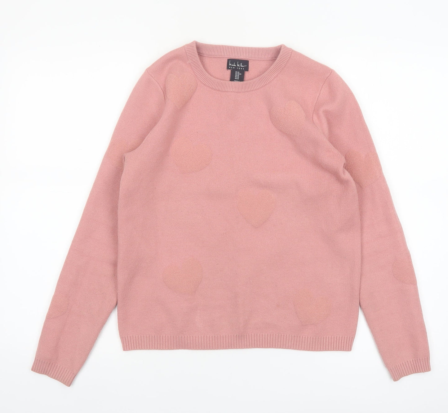 Nicole Miller Women's Pink Heart Knit Crew Neck Jumper XS