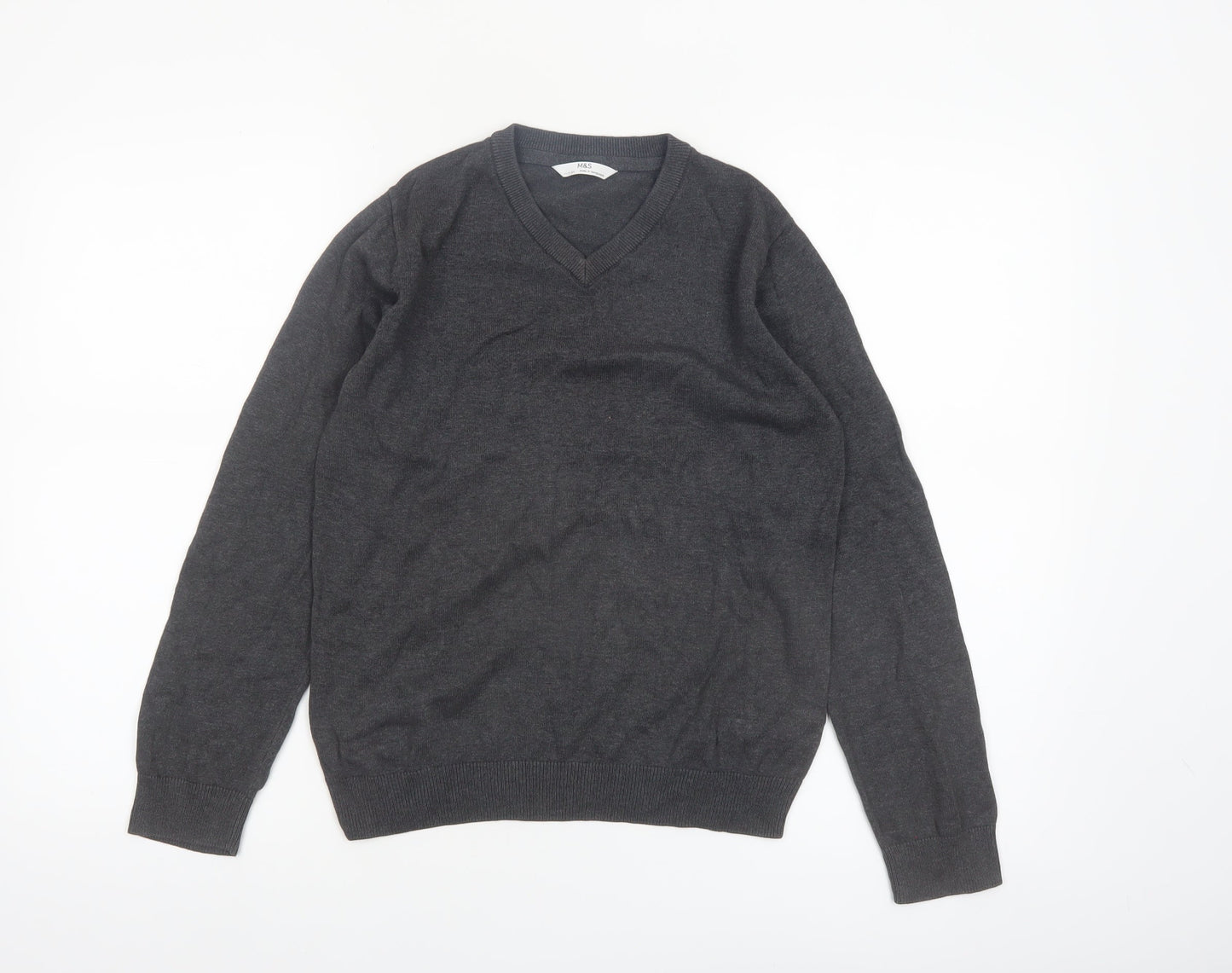 Marks and Spencer Boys Grey 11-12 Years V-Neck Cotton Jumper