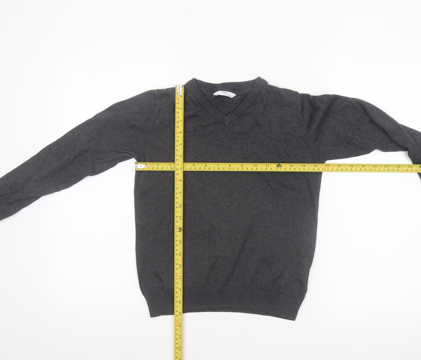 Marks and Spencer Boys Charcoal V-Neck Cotton Jumper 11-12 Years