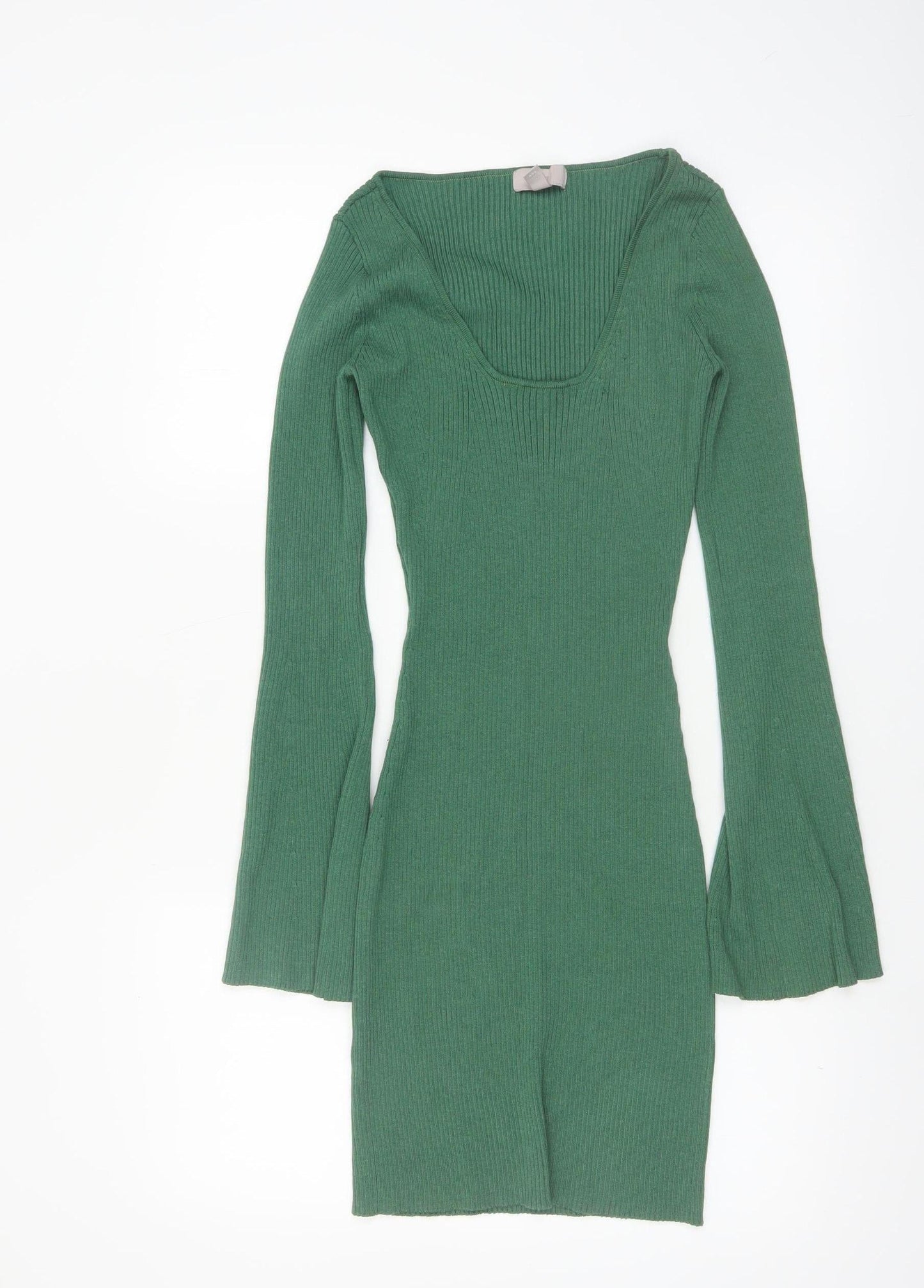 H&M Women’s Green Ribbed Knit Bodycon Dress XS Long Sleeve