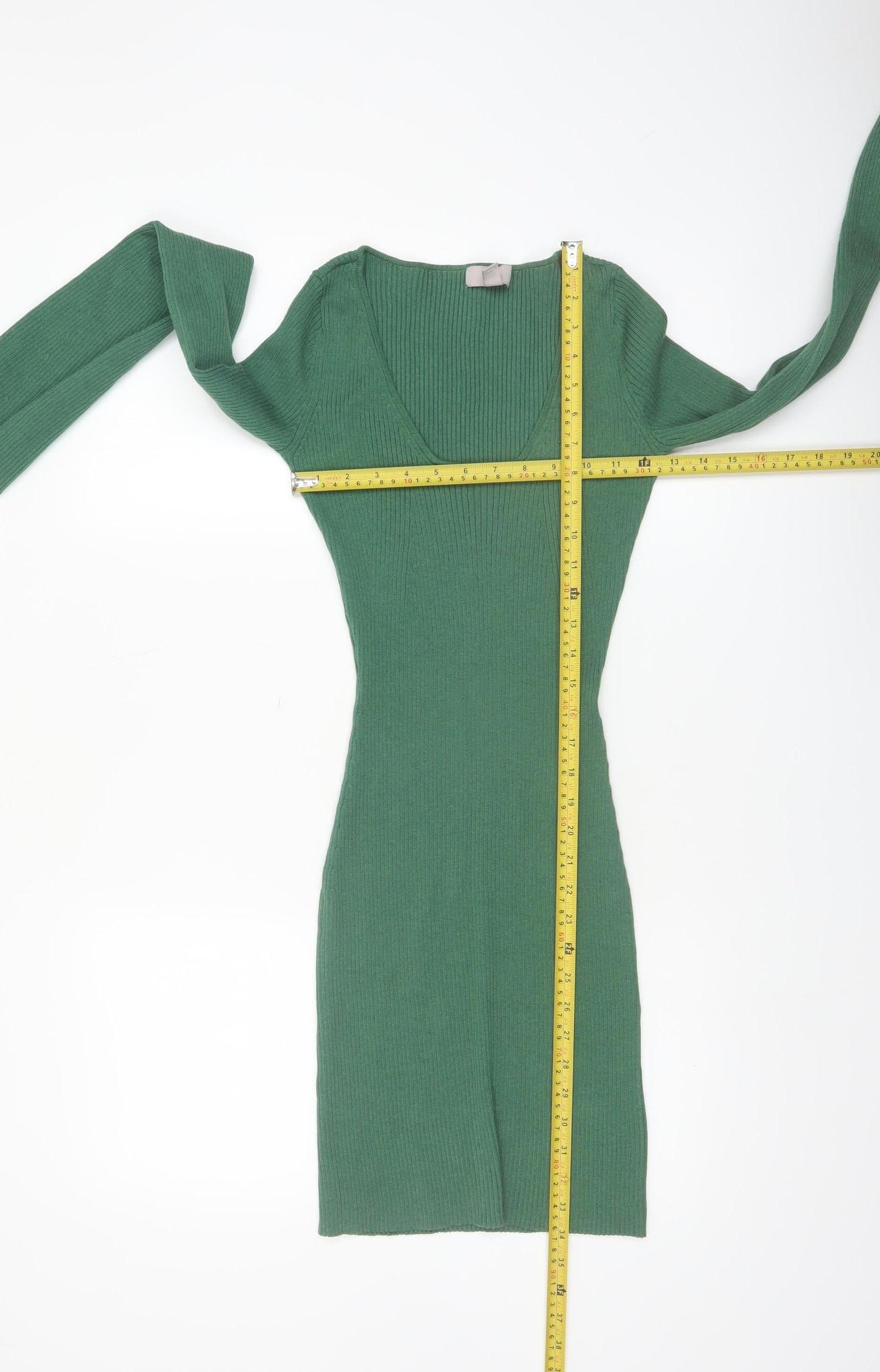 H&M Women’s Green Ribbed Knit Bodycon Dress XS Long Sleeve