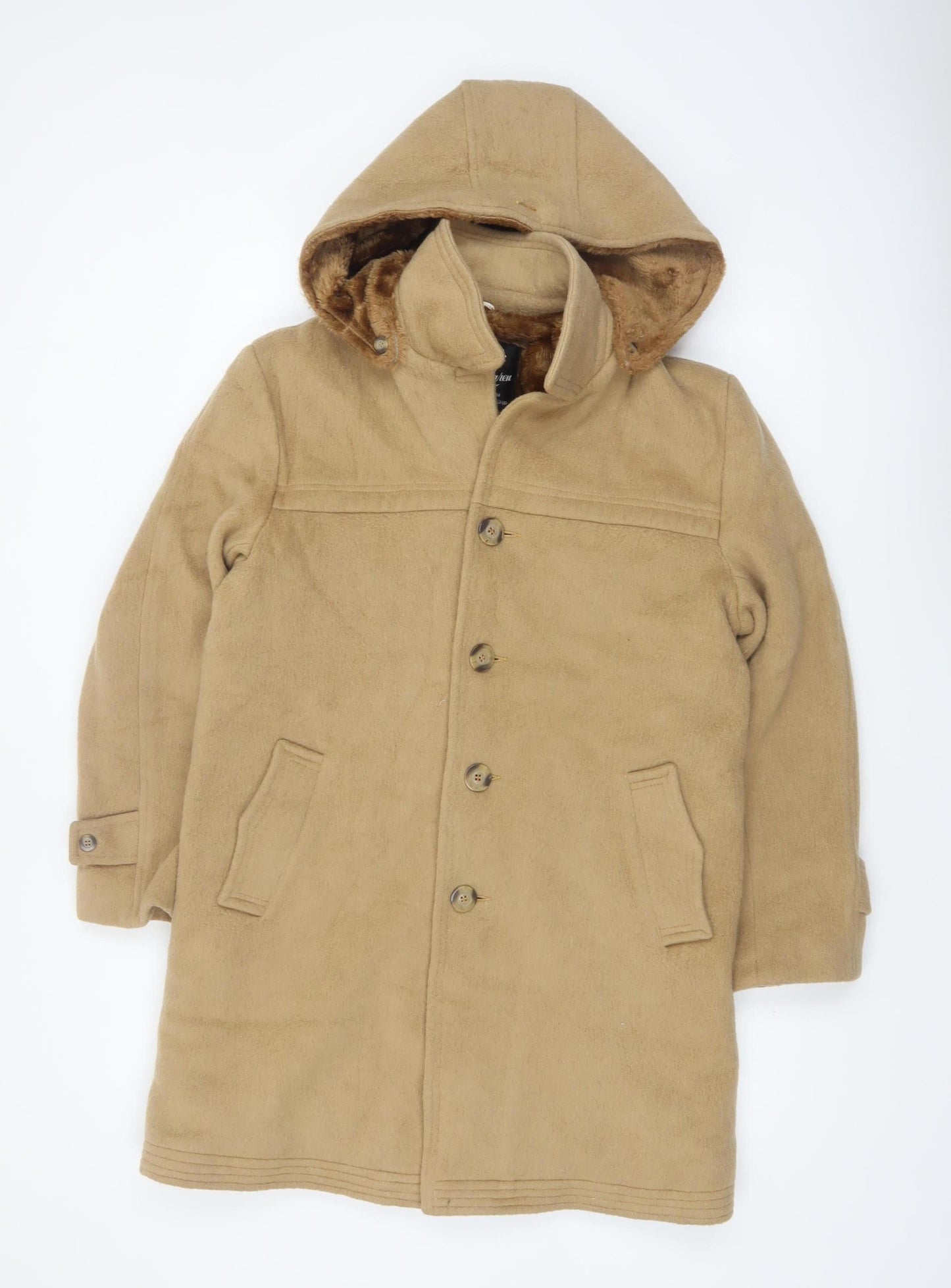 McLaren Women Beige Hooded Mid-Length Coat M Faux Fur Lined