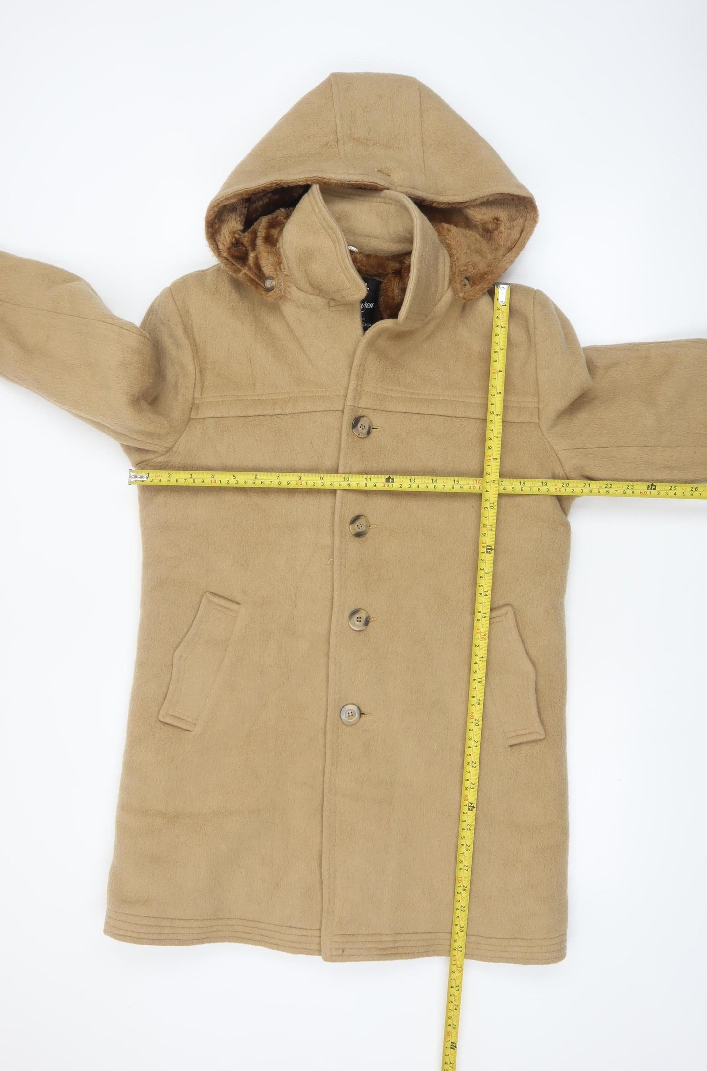 McLaren Women Beige Hooded Mid-Length Coat M Faux Fur Lined