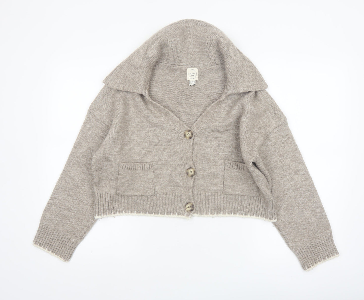 River Island Women Beige Collared Cardigan XS Acrylic Blend