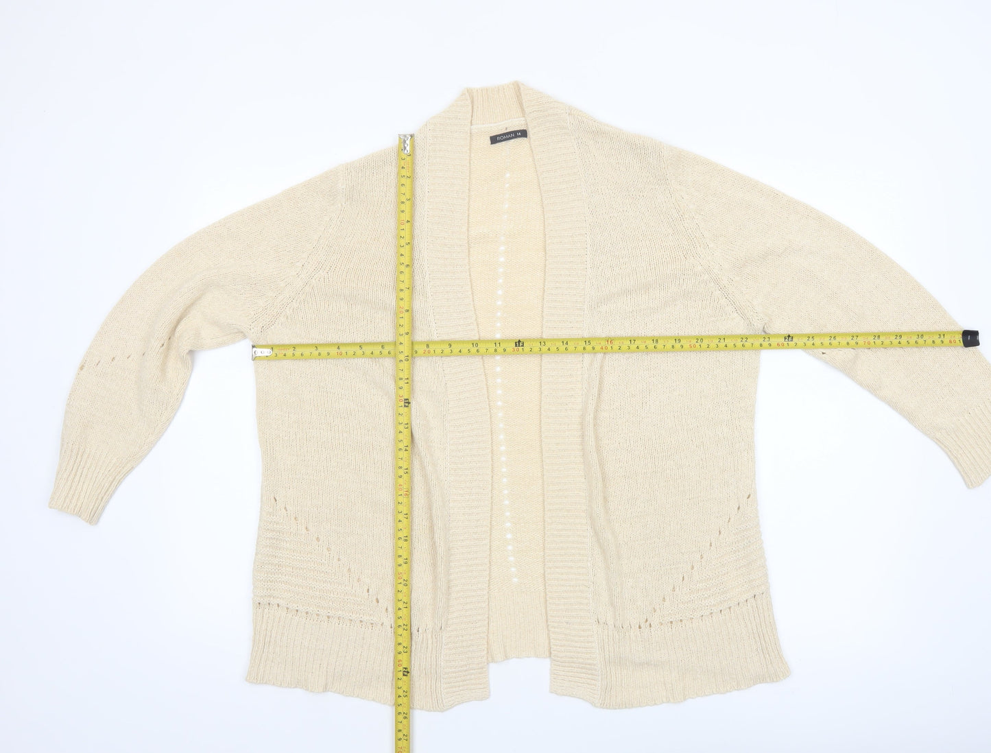 Roman Women Beige Long Sleeve Open Knit Cardigan Size 14