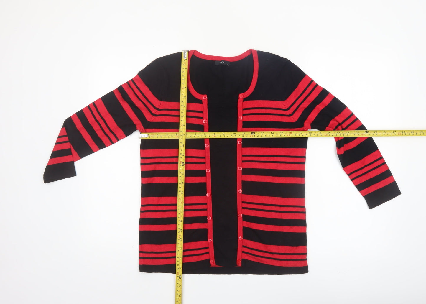 M&Co Women Red Black Striped Long Sleeve Knit Cardigan Size 12