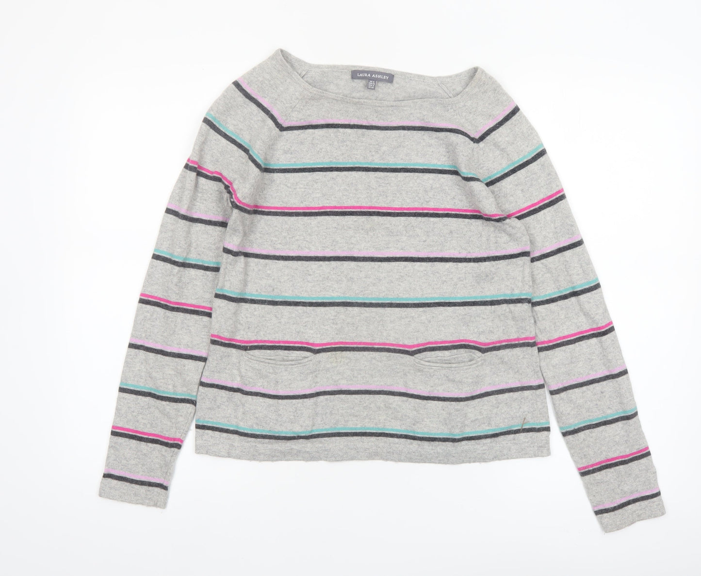 Laura Ashley Women’s Grey Striped Boat Neck Cotton Blend Jumper UK 8