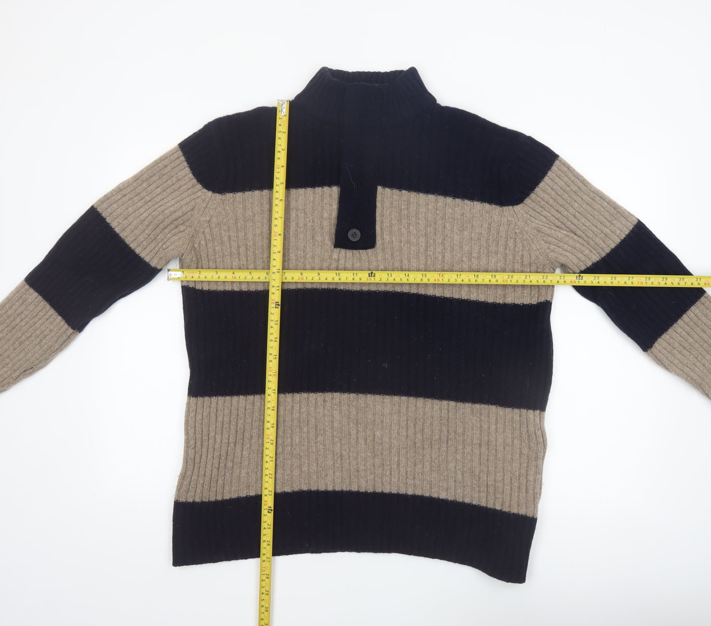 Wolsey Men’s Beige & Navy Lambswool Striped Mock Neck Jumper Size L