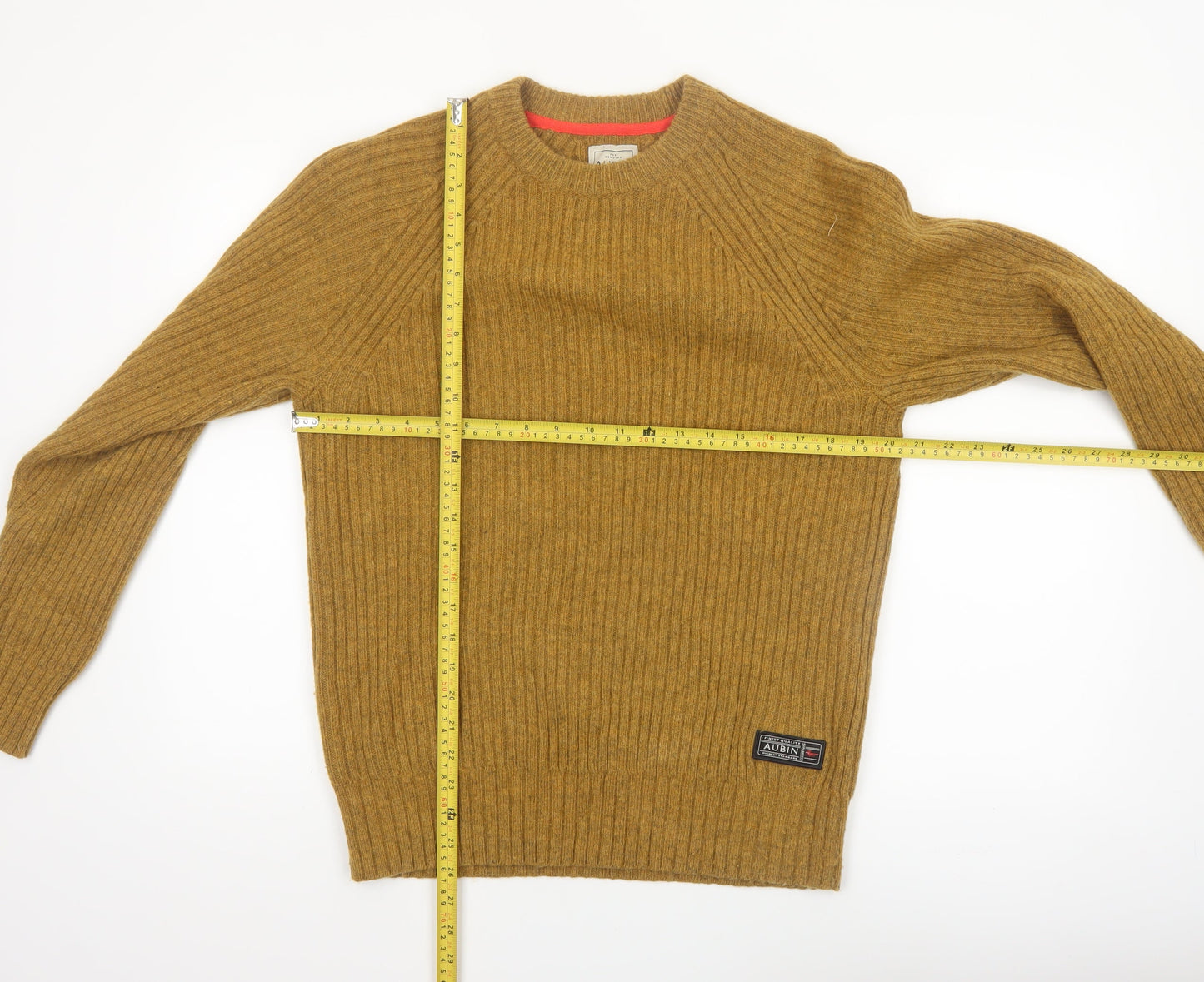 Aubin Men’s Brown Wool Blend Ribbed Crew Neck Jumper Size S