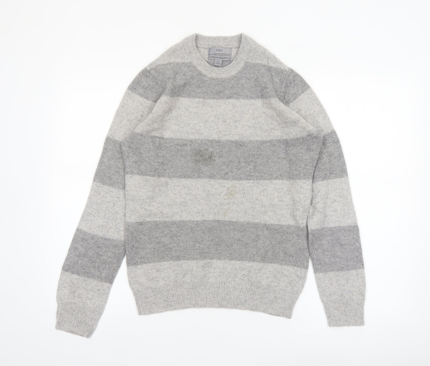 Marks and Spencer Men's Grey Striped Lambswool Crew Neck Jumper XS