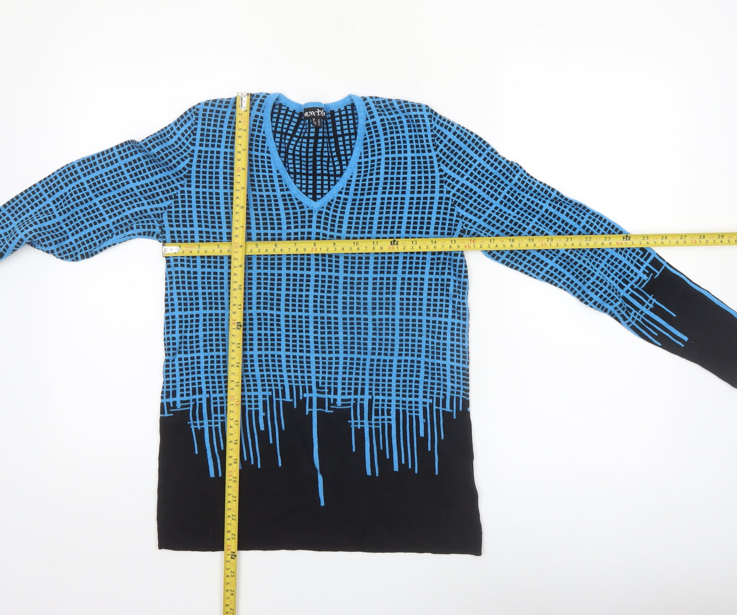Marble Womens Blue Geometric V-Neck Long Sleeve Cotton Jumper XS