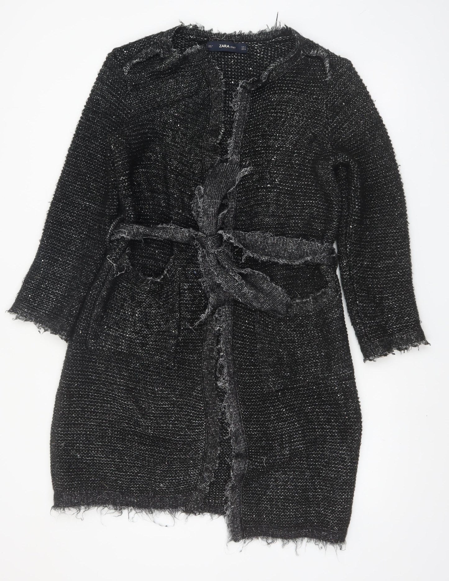 Zara Women Black Belted Knit Cardigan Size 10 Long Sleeve