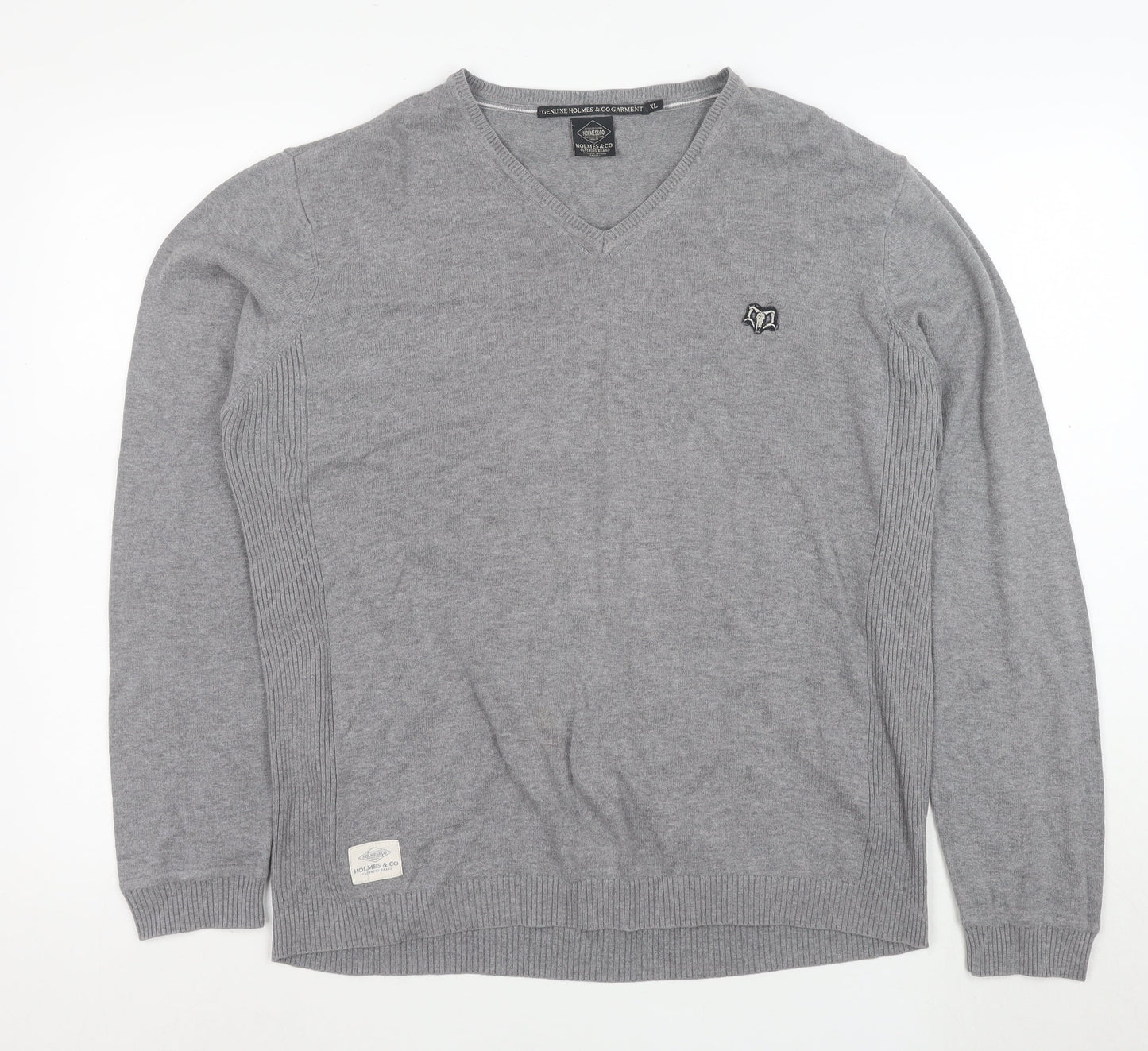 Holmes & Co Men's Grey XL V-Neck Cotton Pullover Jumper