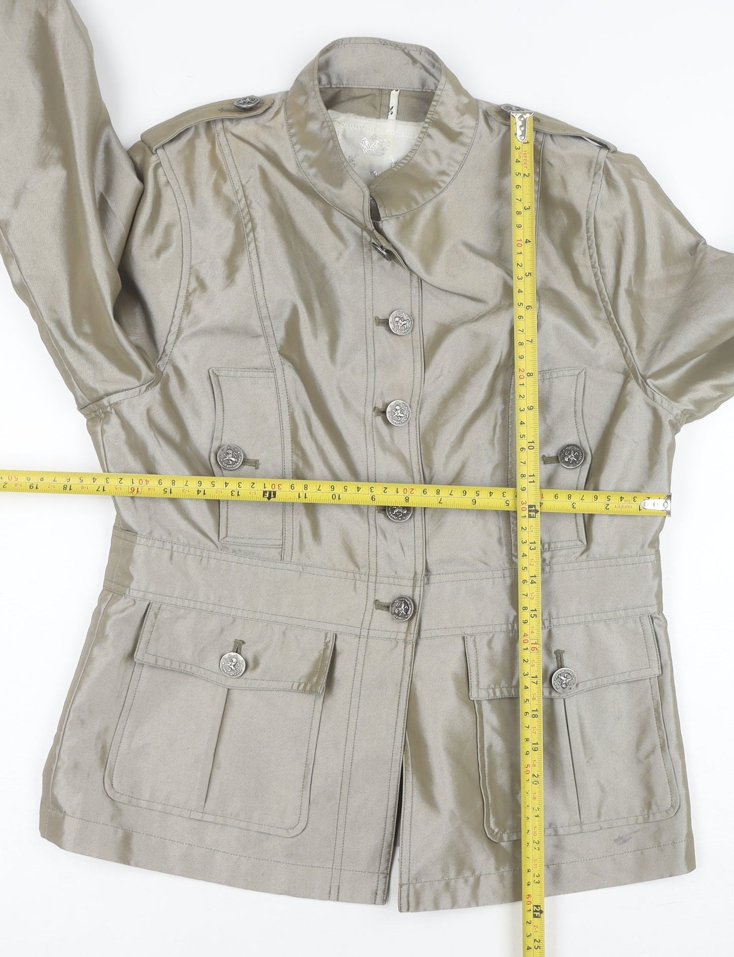 Cino Women Beige Military Style Buttoned Mid-Length Jacket L