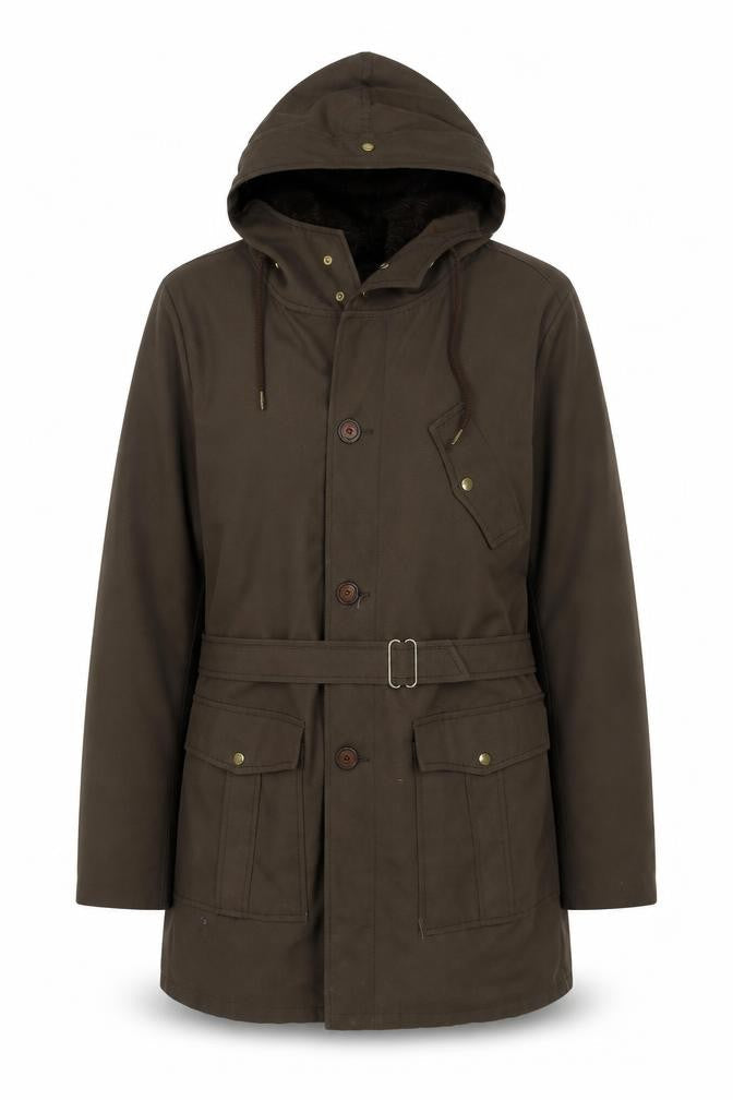 Ploucquet Womens Brown Hooded Belted Parka Jacket Size 14 Cotton Blend