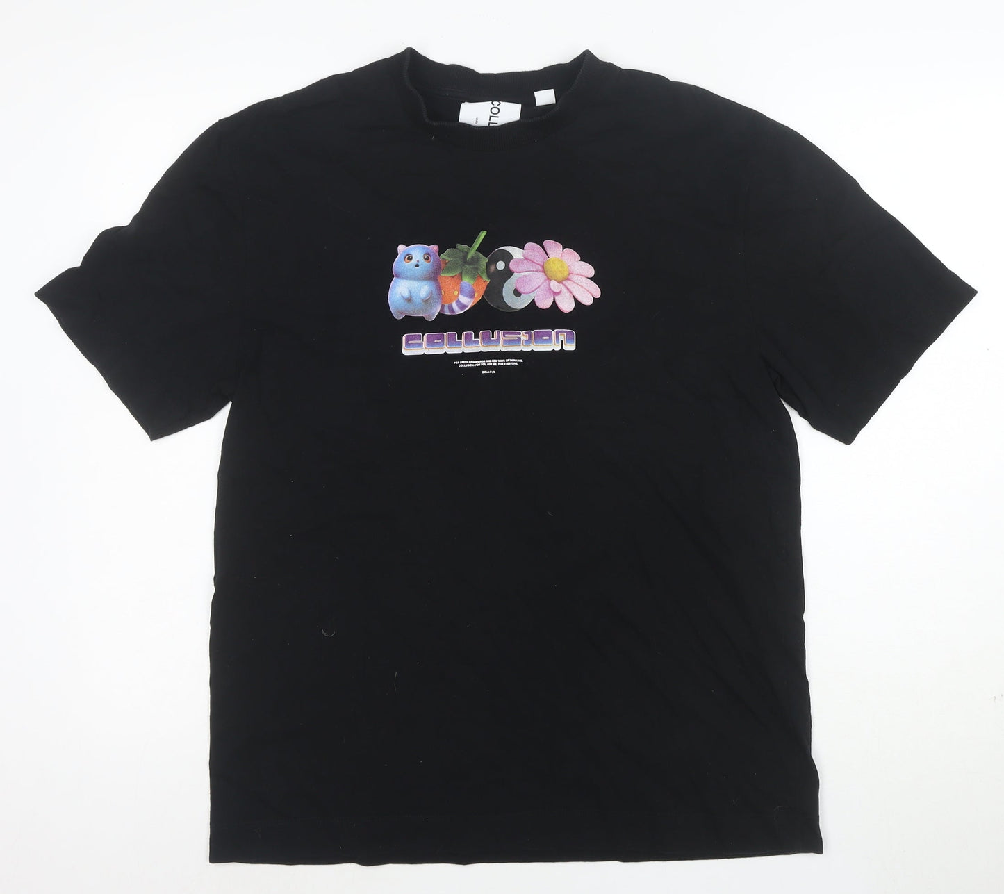 Collusion Women's Black Graphic Cotton T-Shirt Medium Short Sleeve