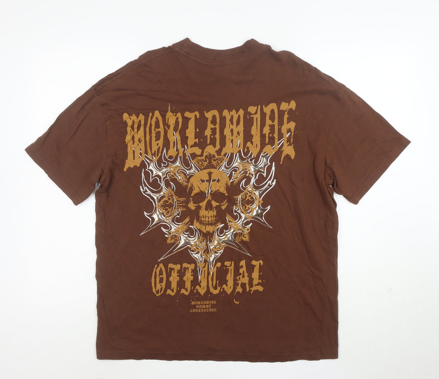 BoohooMAN Men's Brown Distressed Skull Graphic T-Shirt XS Cotton