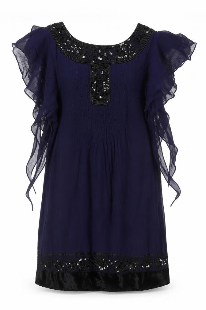 Banette Women’s Blue Beaded Chiffon Shift Dress Size S Elegant Partywear
