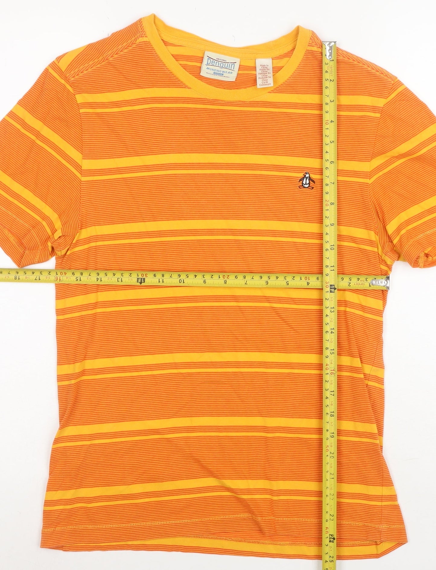 Original Penguin Men's Orange Striped Crew Neck Cotton T-Shirt Medium