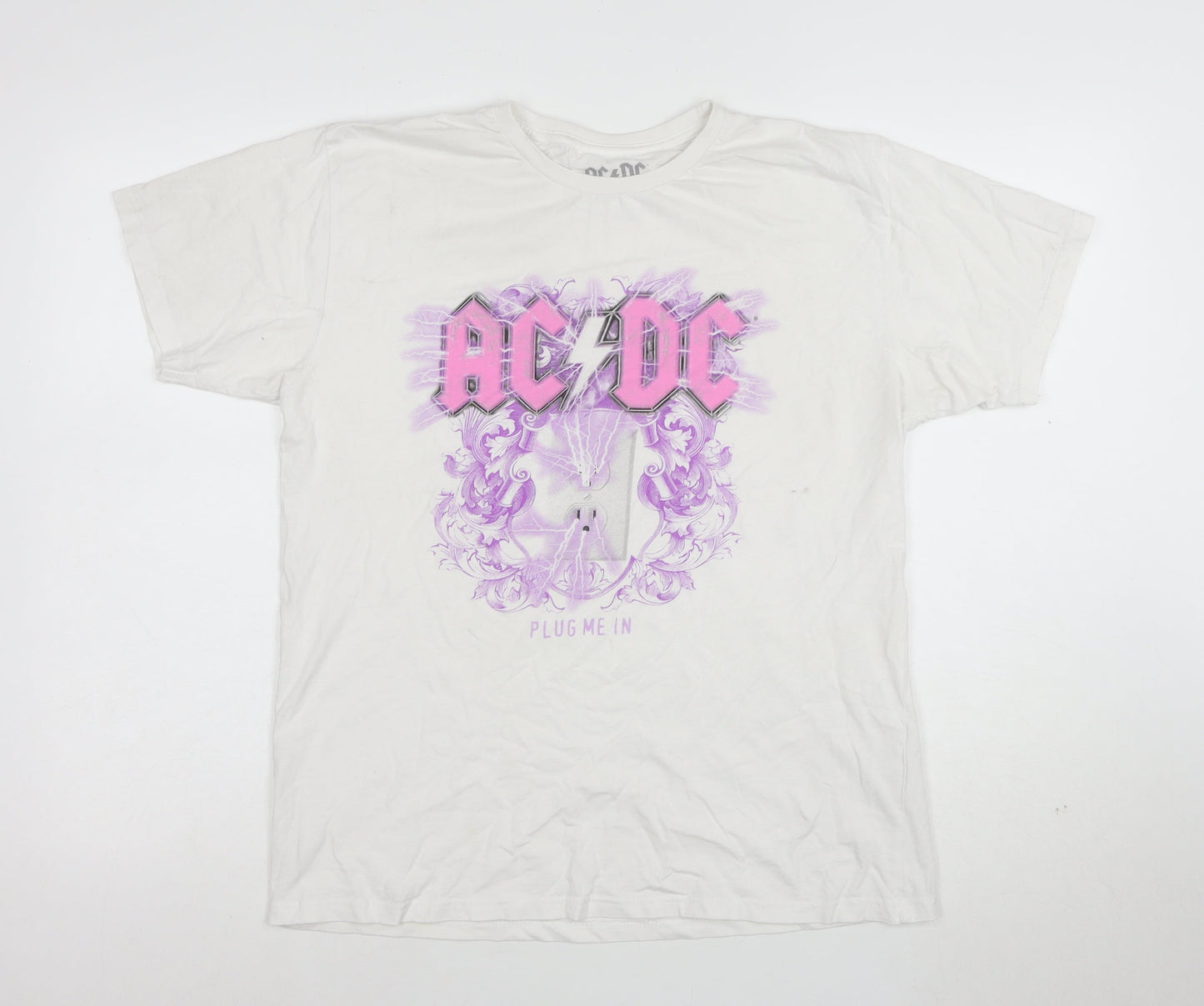 AC/DC Women's White Plug Me In Rock Band Cotton T-Shirt Size M