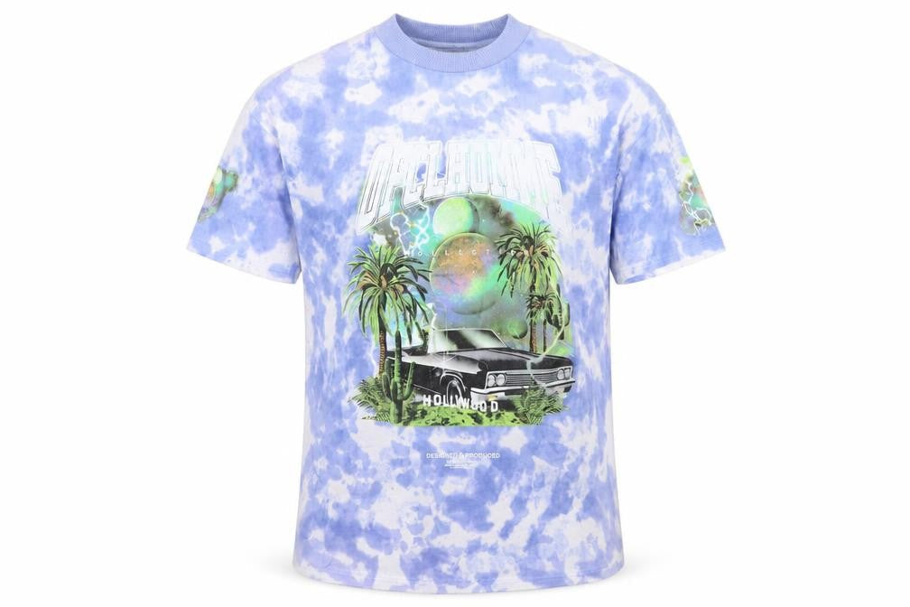 Front view of boohooMAN Men's Blue Tie Dye Hollywood Graphic Cotton T-Shirt, size M