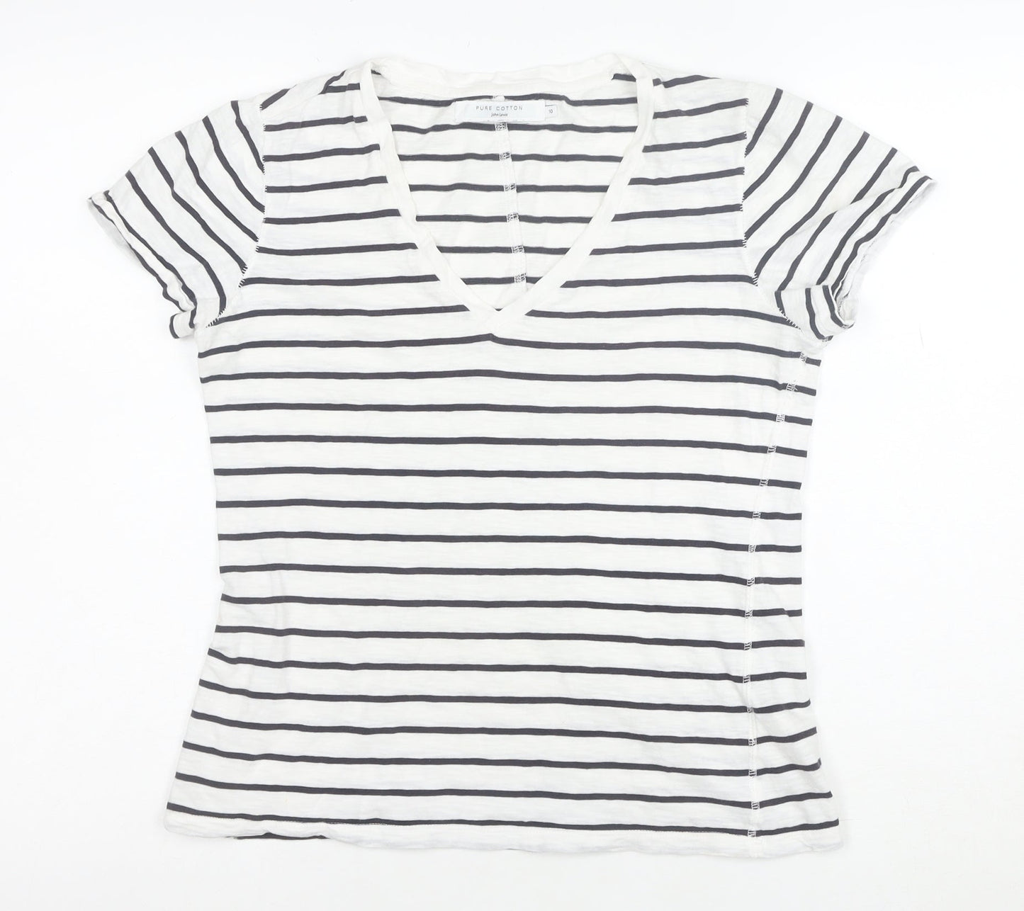 John Lewis Women’s White Striped Cotton V-Neck Short Sleeve T-Shirt Size 10