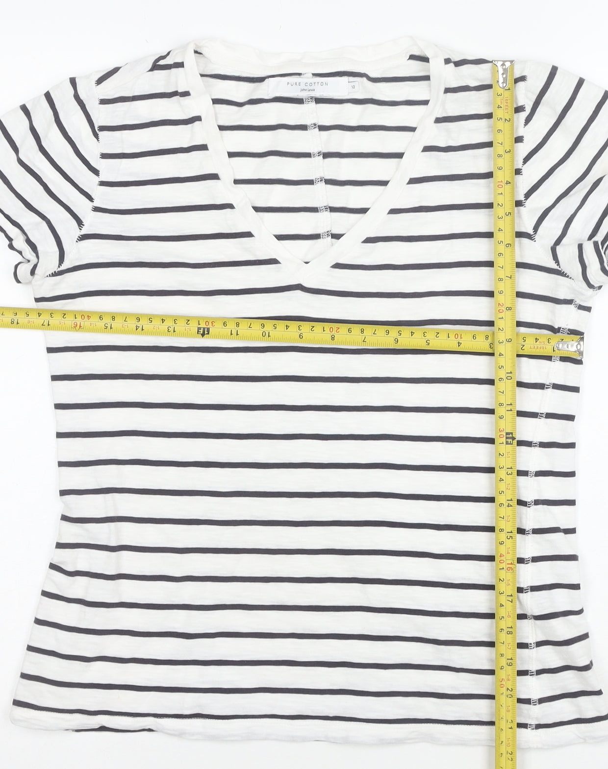 John Lewis Women’s White Striped Cotton V-Neck Short Sleeve T-Shirt Size 10