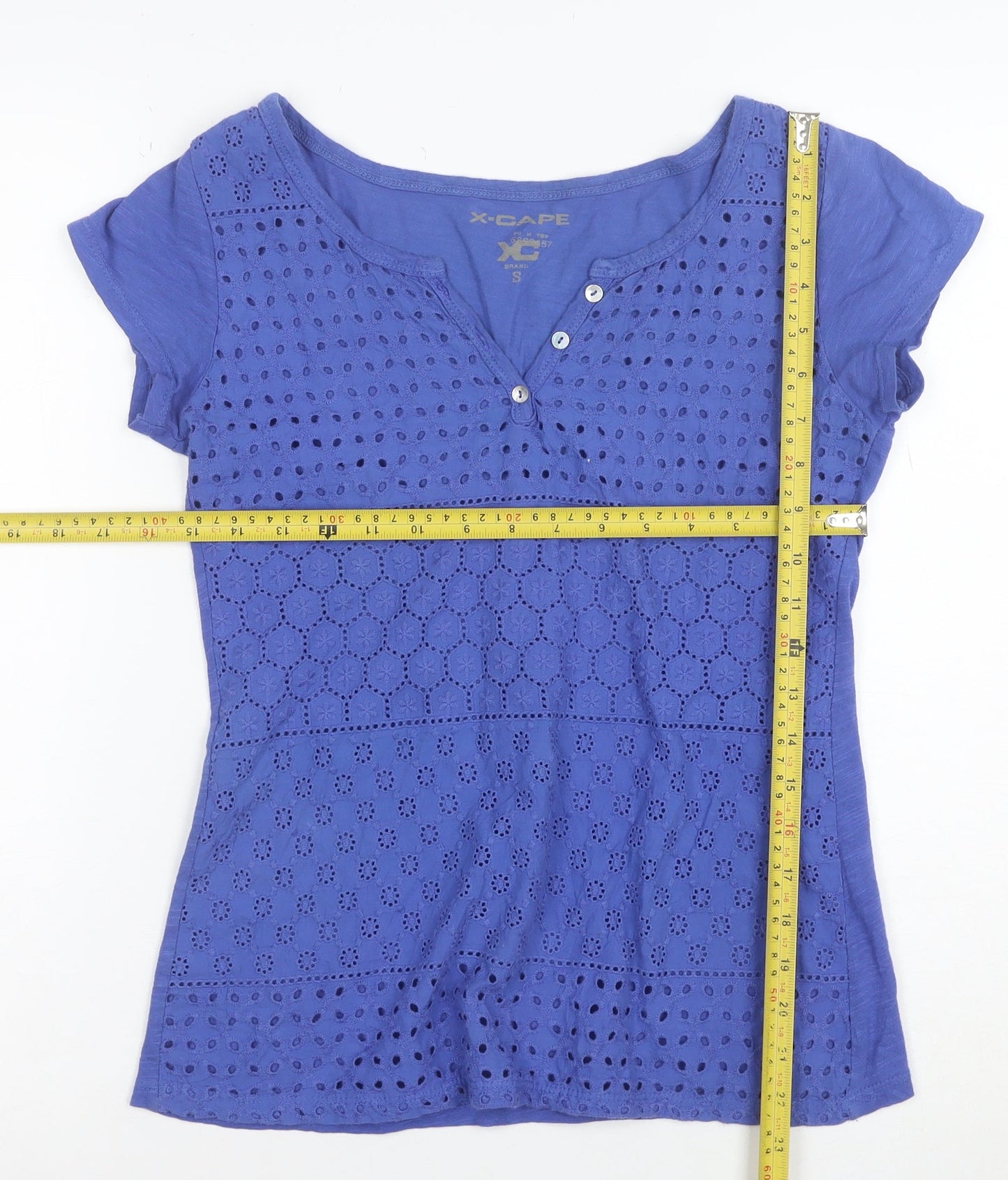 X-CAPE Women’s Blue Cotton Crochet Button T-Shirt Size S