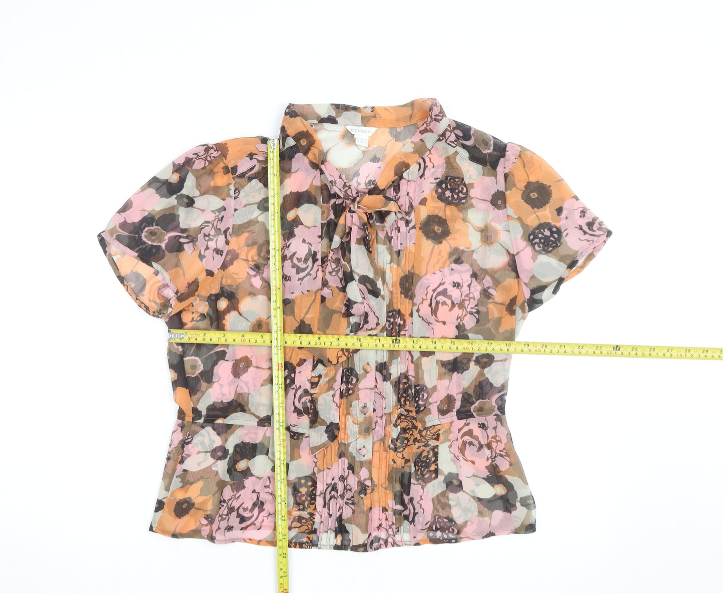 Monsoon Women’s Multicoloured Floral Chiffon Tie Neck Blouse Size 16