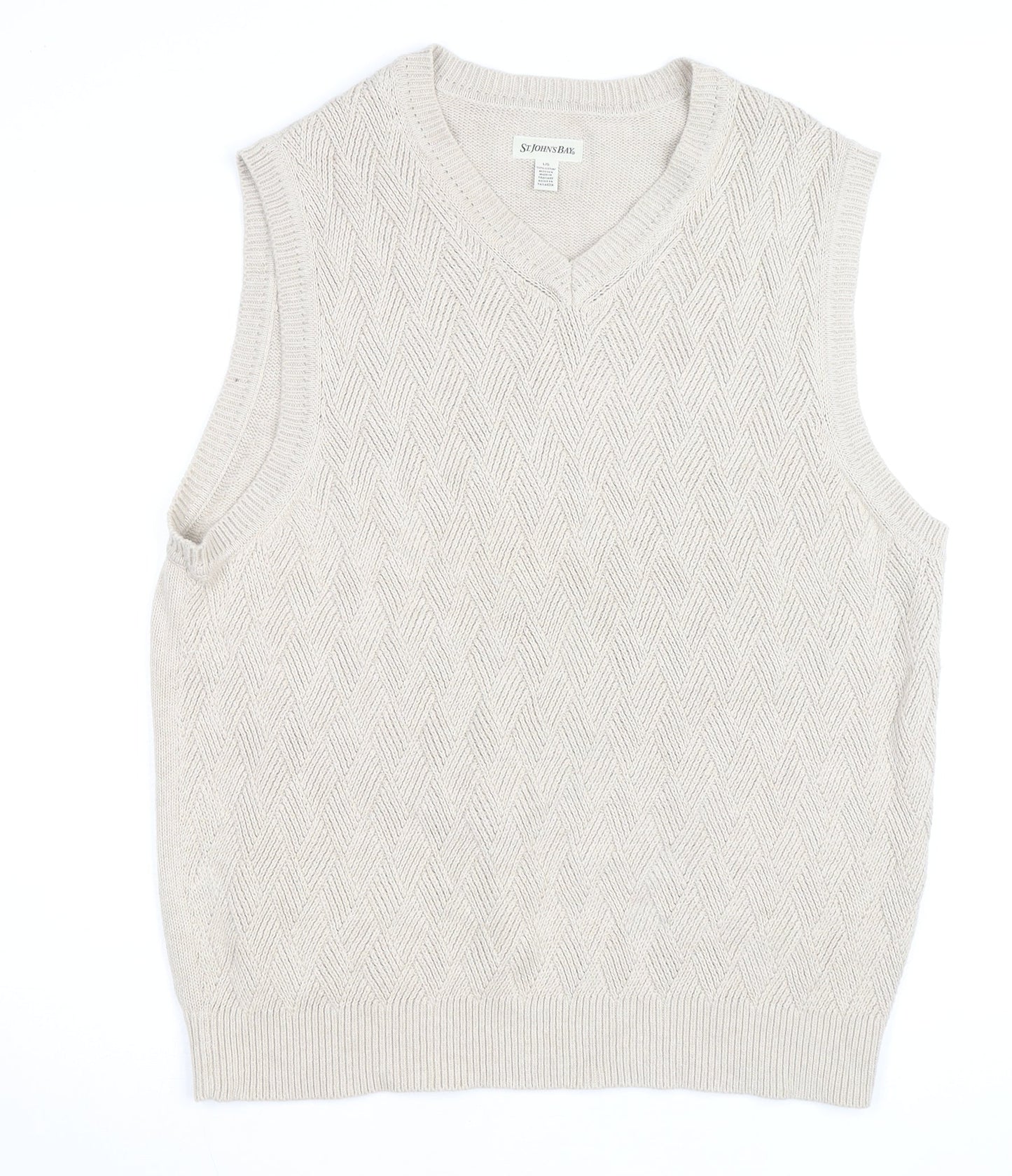St. John’s Bay Men Beige Knit Cotton V-Neck Sleeveless Vest L