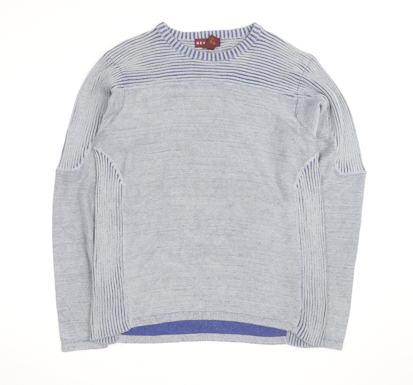 Nevada Men's Grey Cotton Crew Neck Striped Jumper M