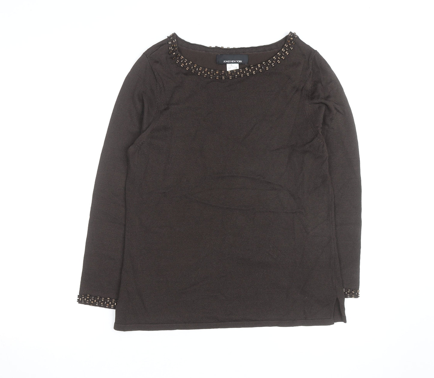 Jones New York Women’s Brown Beaded Boat Neck Long Sleeve Pullover Jumper Size M