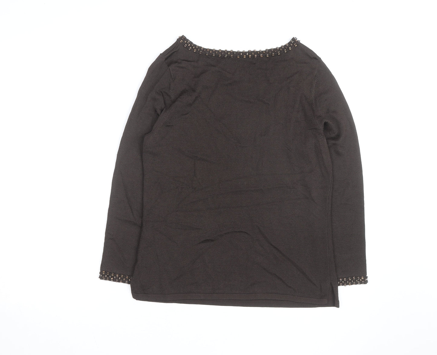 Jones New York Women’s Brown Beaded Boat Neck Long Sleeve Pullover Jumper Size M