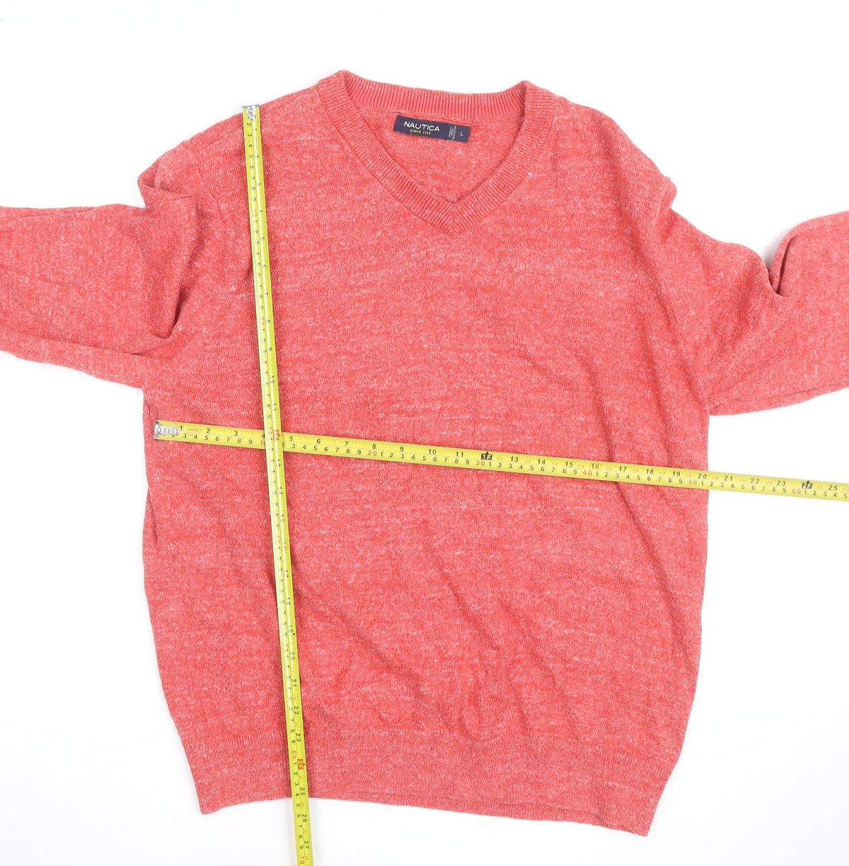 Close-up detail of Nautica Men's Red V-Neck Knit jumper, size L