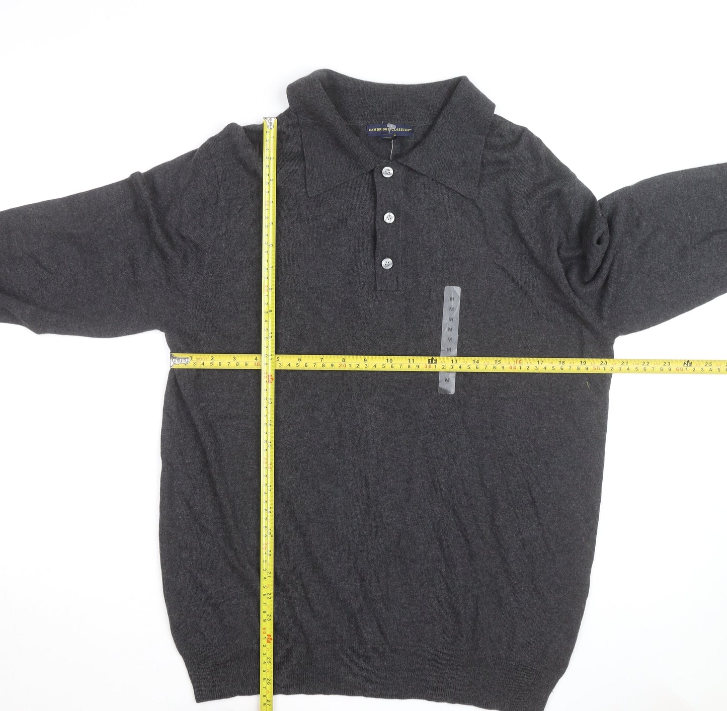 Cambridge Classics Men's Grey Collared Long Sleeve Cotton Blend Polo M