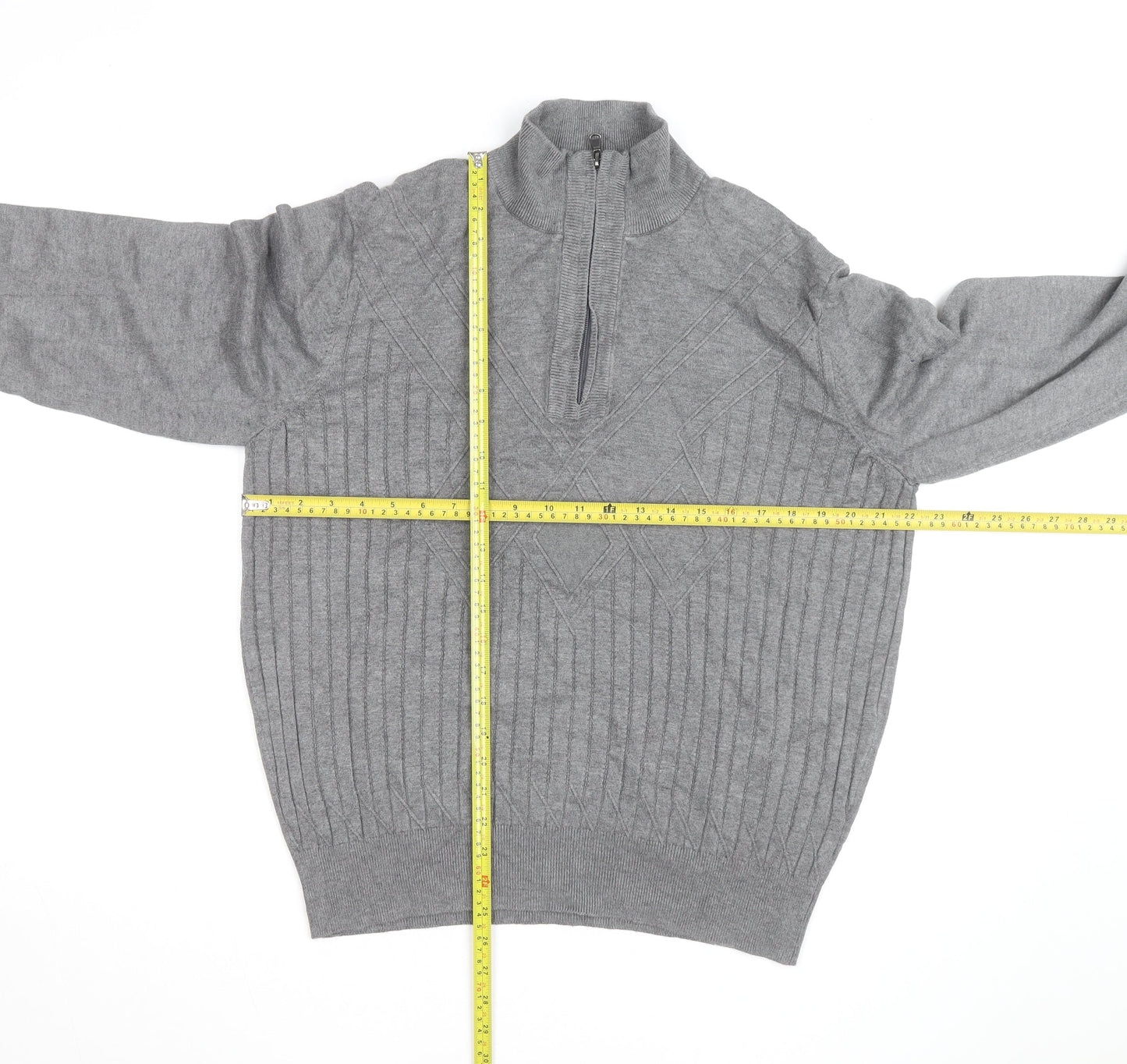 Sergio Louis Mens Grey L Half Zip Cable Knit Jumper Regular Fit