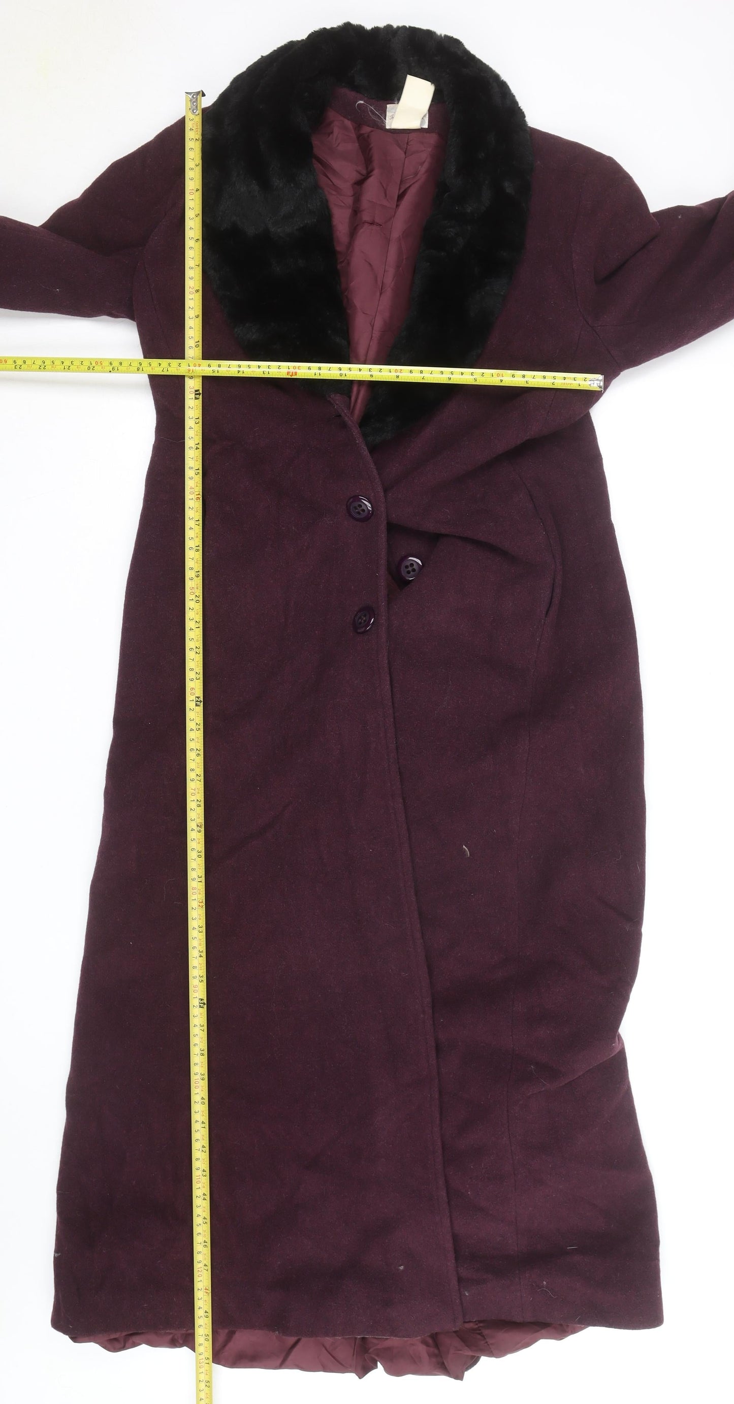 Le Montaigne Burgundy Wool Long Coat with Faux Fur Collar - Women’s M Elegant Winter Overcoat