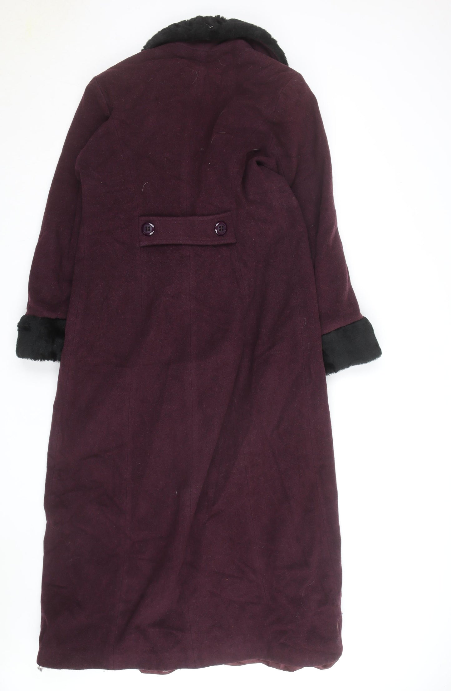 Le Montaigne Burgundy Wool Long Coat with Faux Fur Collar - Women’s M Elegant Winter Overcoat