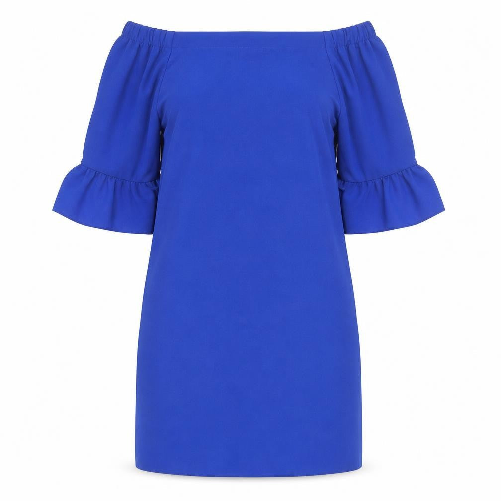 Front view of Dorothy Perkins Women’s Blue Off Shoulder Frill Sleeve Shift Dress, size UK 10