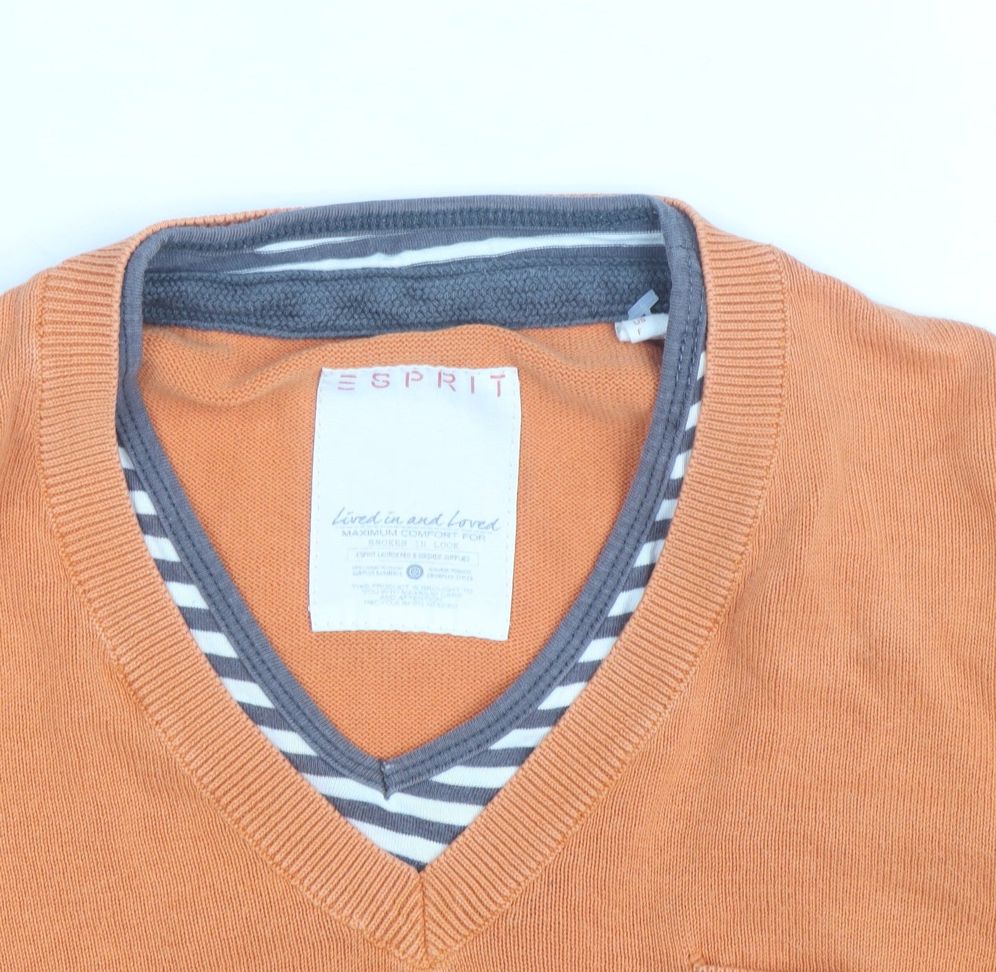 Esprit Men’s Orange V-Neck Cotton Pullover Jumper Size M