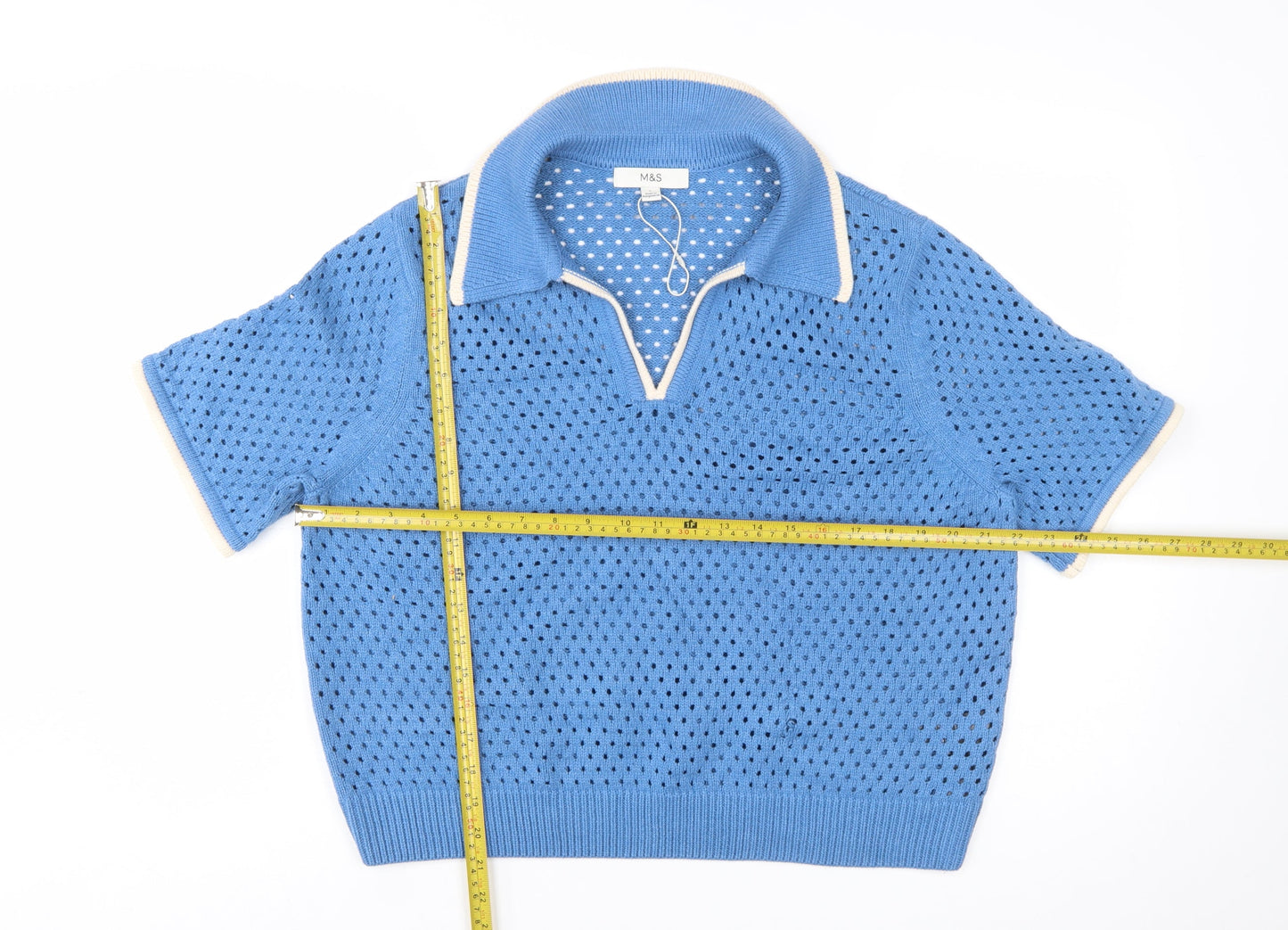 Marks and Spencer Women's Blue Collared Open Knit Short Sleeve Jumper L