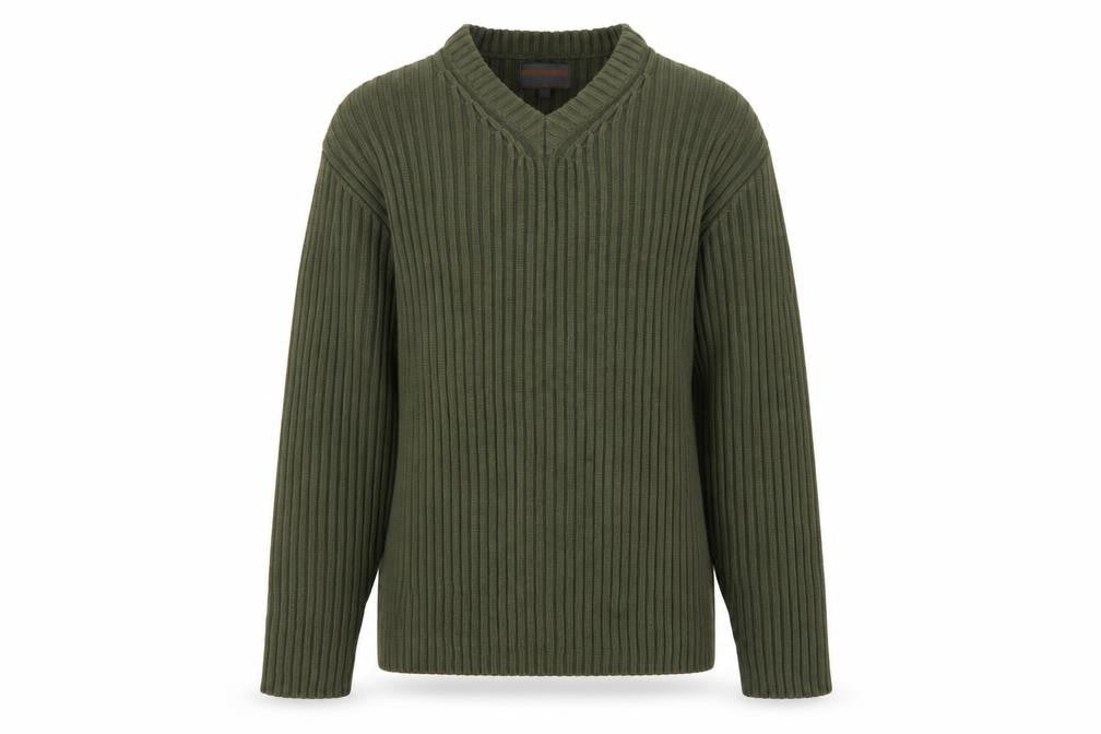 No Excess Men's Green V-Neck Chunky Knit Cotton Jumper Size S