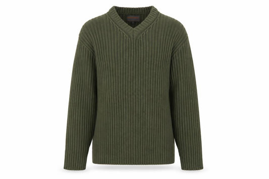 No Excess Men's Green V-Neck Chunky Knit Cotton Jumper Size S
