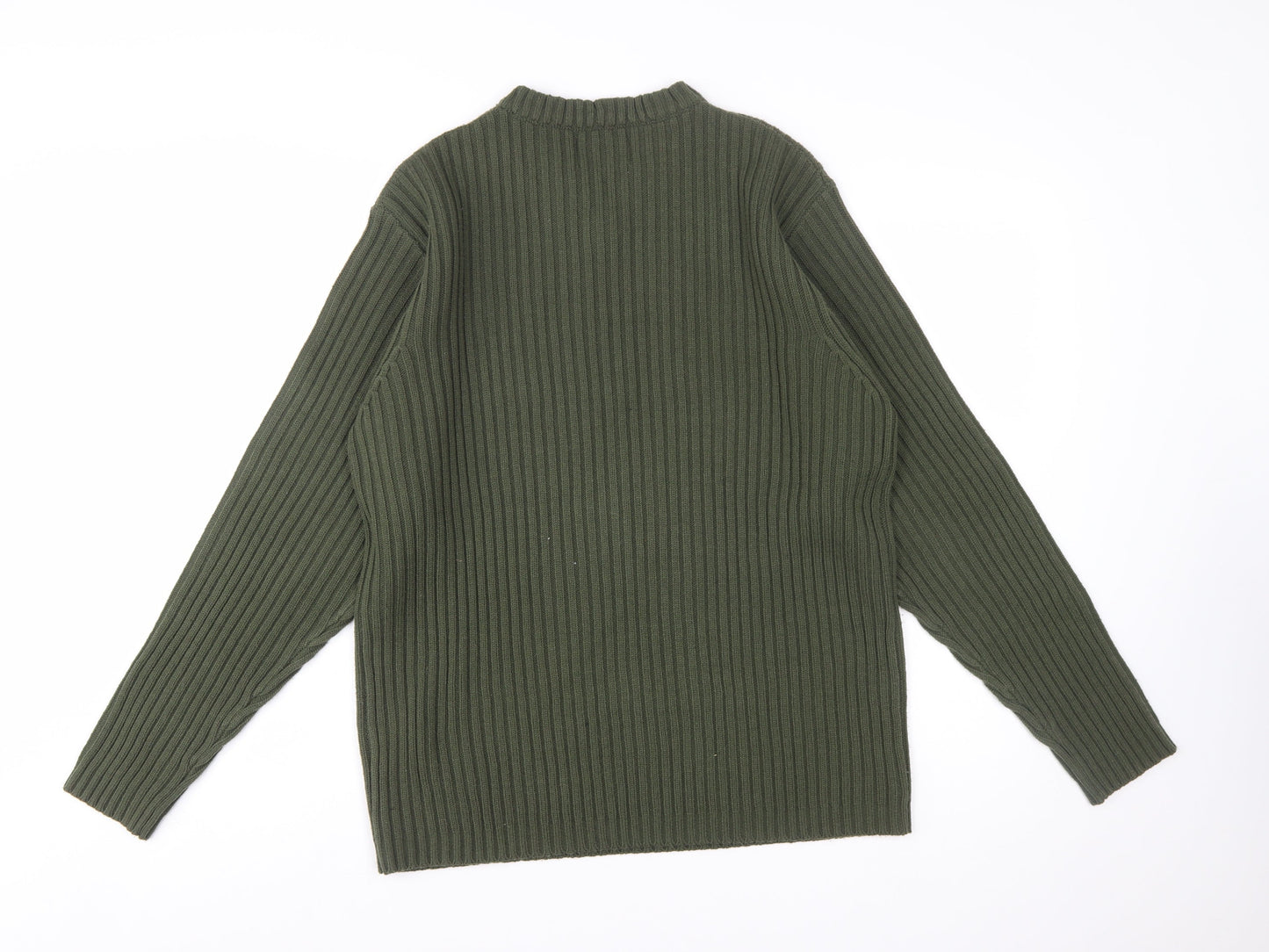 No Excess Men's Green V-Neck Chunky Knit Cotton Jumper Size S